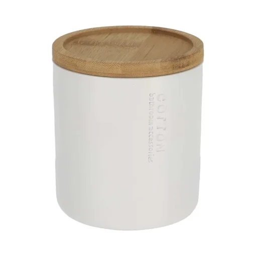 Boîte A Coton Polyresine Couvercle Bambou Blanc Bambou