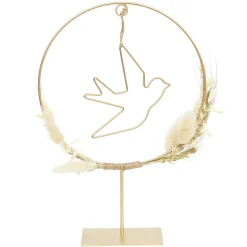 maxibazar Decoration A Poser Cercle Oiseau Dore Et Fleurs Sechees H.28