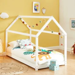 Lit Enfant Cabane Tiny Pin Blanc Sommier 90X190Cm