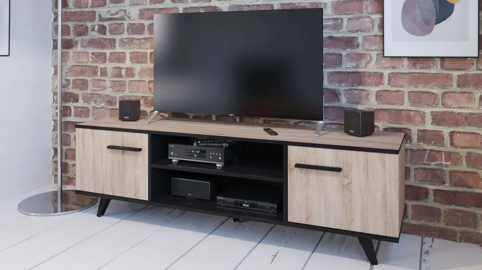 Wayne Banc Tv 2Portes 2Niches Chene Brosse Noir